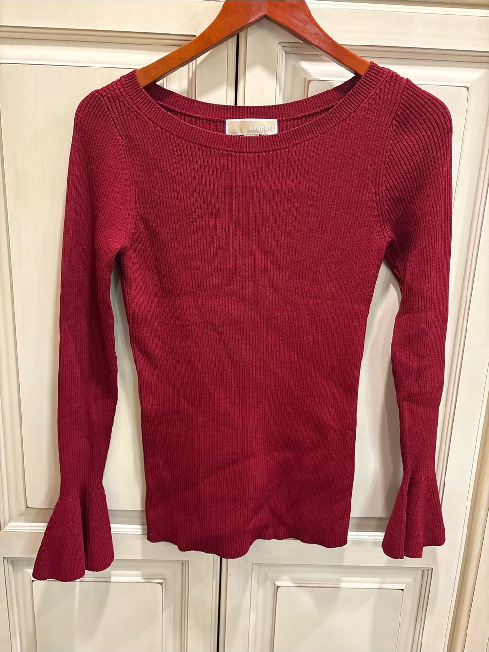 MICHAEL Michael Kors Ribbed Red Bell-Sleeve Long Sleeve Top